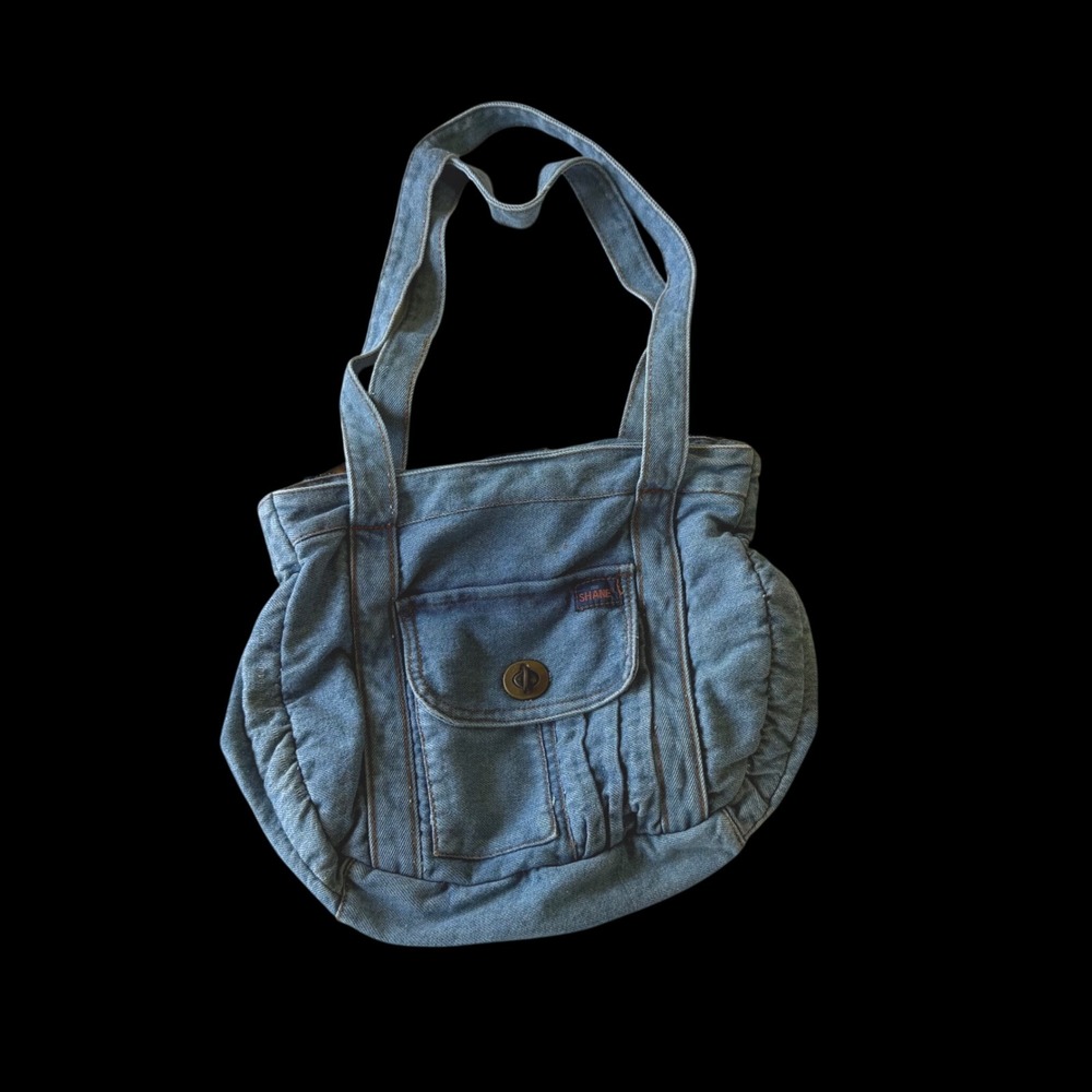 Y2K Shane Blue‎ Denim Shoulder Bag Turn Lock Front Pocket Medium Wash Tote